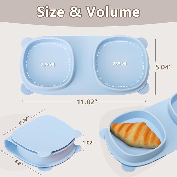 Silicone Foldable Novelty Dinner Plates,Suction Plates for Baby Travel Essential with Forks and Spoons,Microwave & Dishwasher Safe,Baby Blue