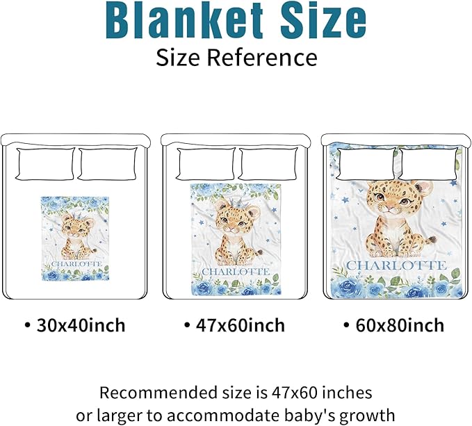 Custom Name Crib Bedding Set - Blue Floral Leopard Pattern, Personalized Nursery Bedding 3-Piece Set– Soft Blanket, Fitted Sheet, Changing Pad Cover – for Newborns Girls Nursery Gifts