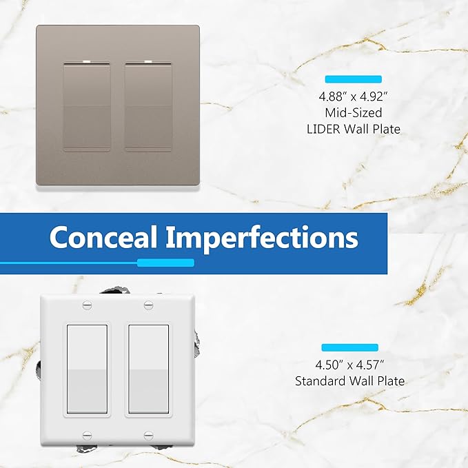 LIDER Matte Finish Decorator Switch Cover, Screwless Wall Plate, Mid-Size 2-Gang 4.88" x 4.92", Unbreakable Polycarbonate Thermoplastic, UL Listed, LSWP-32M-NK, Nickel