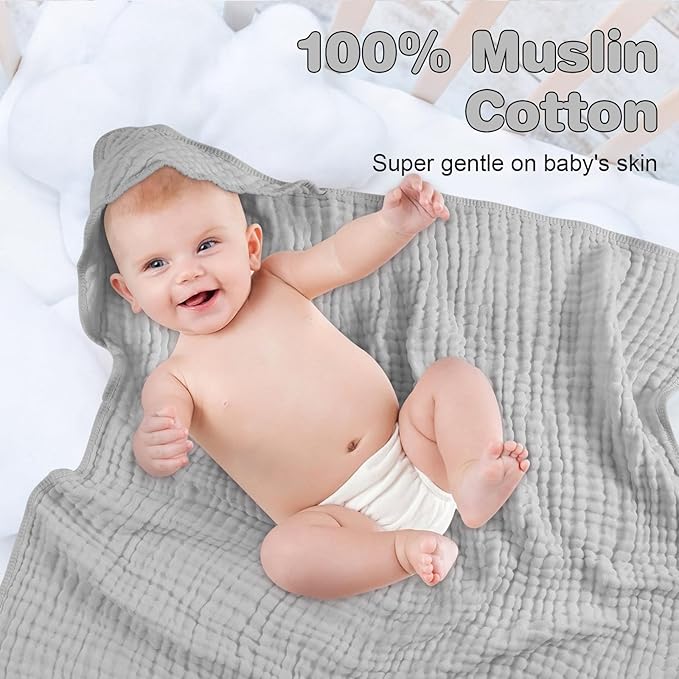 MUKIN Baby Hooded Towels, Muslin Cotton, 2-Pack, for Newborn, Infant, Toddler and Kids (White,Grey)