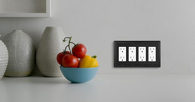 Henne Bery Sunken Pearls Heavy Duty Decorative Wall Plate Switch Plate Outlet Cover (Quad Decorator, Matte Black)