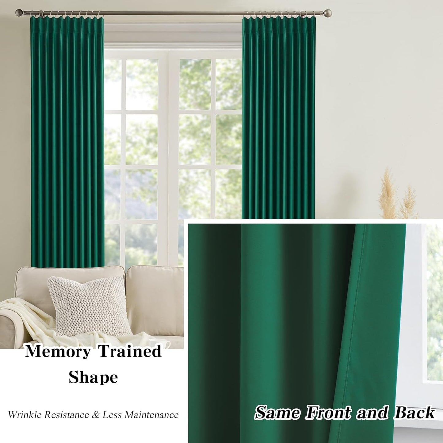 KEQIAOSUOCAI Dark Emerald/Hunter Green Curtains with Pinch Pleat 2 Panels Set,96 Inches Long 8 Ft Floor to Ceiling Length, Thermal Insulated Privacy Drapes/Draperies for Living Room Bedroom