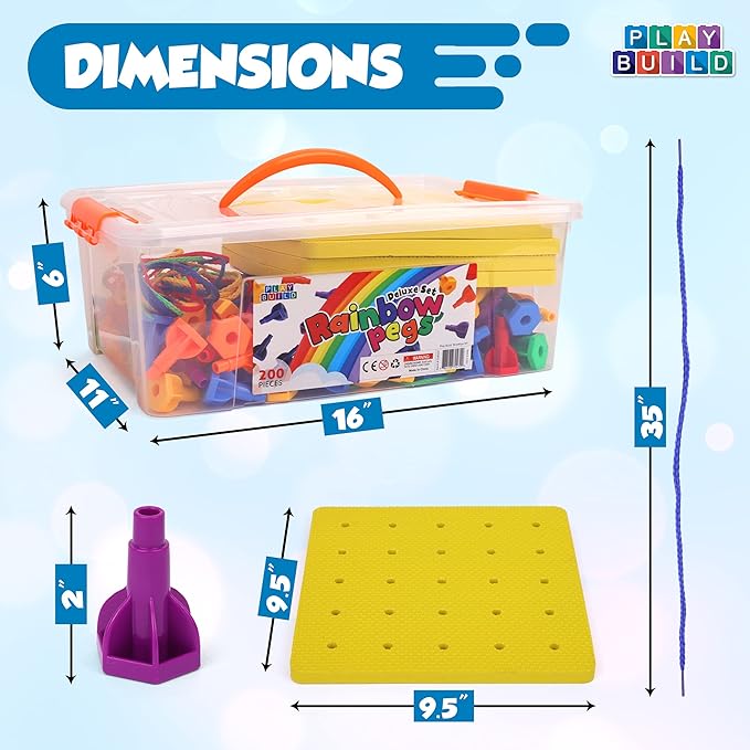 Rainbow Pegs and Board Deluxe 200pc Set, Montessori Baby Toys, Stacking and Lacing Pegs, Baby and Toddler Toys, Play and Learn STEM Toy, Fine Motor Skills, Ages 3+