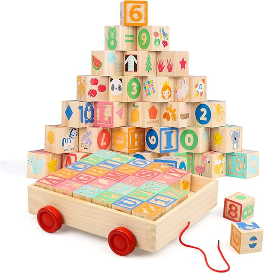 Joqutoys Wooden Building Blocks for Toddlers 1-3, Large Wood Baby Stacking Blocks Set for Kids, 30 PCS Alphabet Blocks with Toy Wagon, Educational Wooden Toys for Boys Girls Gifts 1.65"