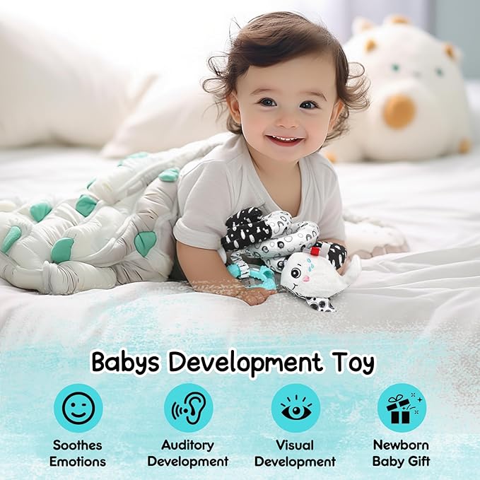 Baby Spiral Hanging Stroller and Car Seat Toys Black and White High Contrast Sensory Toy Newborn Plush Activity Toys Party Favors Quality Gifts for Baby Shower-Whale