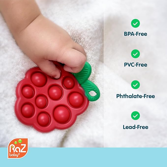 RaZbaby RaZberry Pop Strawberry Teether – Multi-Textured Silicone for Sensory Development & Teething Relief – Easy to Hold for Small Hands – Soft BPA-Free Design for Babies 3 Months+, Red/Green