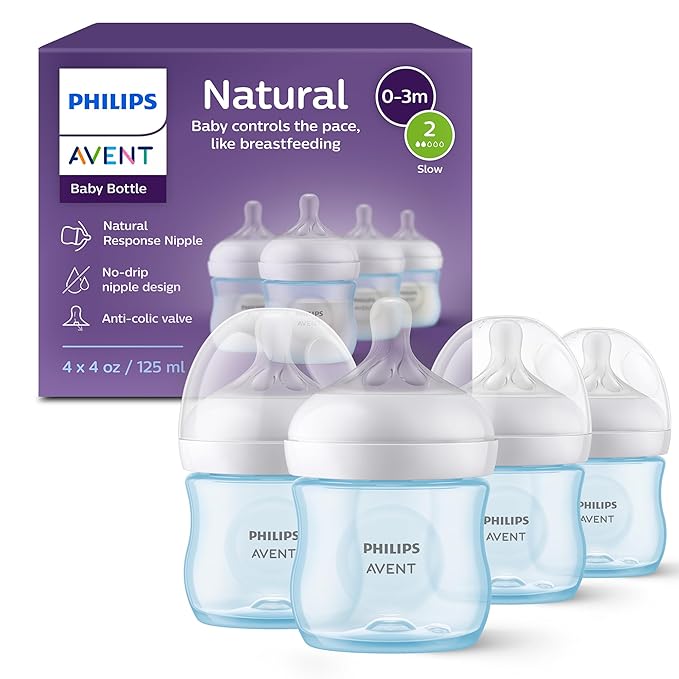 Philips Avent Natural Baby Bottles with Natural Response Nipples (Slow Flow, Flow 2), 4oz, Blue, 4-Pack, SCY900/24