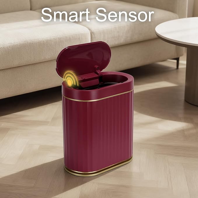 ELPHECO Bathroom Motion Sensor Trash can 2 Gallon Automatic Garbage Can, Slim Plastic Smart Trash Can with Lid, Commercial Intelligent Trash Bin for Bedroom, Bathroom, Office, Burgundy
