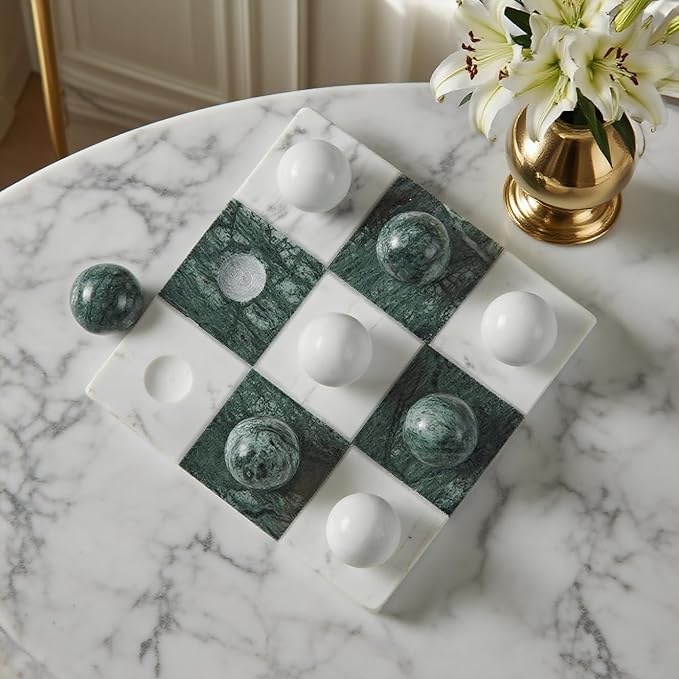 Marble Tic Tac Toe Board Decoration, Premium Handcrafted Marble Board with Unique Marbled Spherical Chess Pieces, Modern Home Decor, Perfect for Living Room, Office, Coffee Table