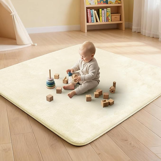 ACOMOPACK 1.3" Thick Baby Play Mat for Floor 50x50"-Memory Foam Water-Repellent Playpen Mat for Tummy Time,Non-Slip Soft Velvet Nursery Rug for Kids,Toddlers,Infants Crawling（Beige）