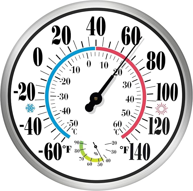 12" Outdoor Thermometer Large Numbers - Decorative Outdoor Thermometers for Patio, Wall Thermometer Hygrometer with Stainless Steel Enclosure, Battery Free Indoor Outdoor Thermometer Hanging