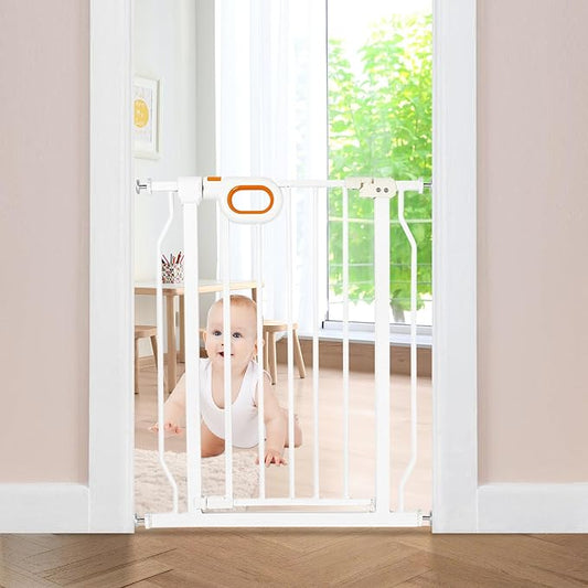 owlie Small Narrow Baby Gate for Stairs Doorways Hallways 23.6-27.6 Inch Wide Pressure Mounted Baby Gate Walk Through Child Gates Toddler Dogs Pet Indoor Stairway Doorway White (30.5'' Tall)