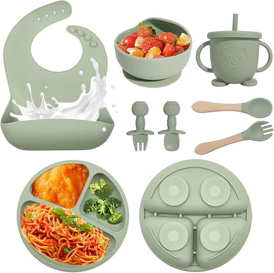 Baby Led Weaning Supplies, 8 Piece BPA-Free Silicone Feeding Set, Silicone Suction Bowl, Forks & Spoons, Bib & Cup, Develops Self Feeding Skills, Dishwasher Safe, for 6+ Months (Green)