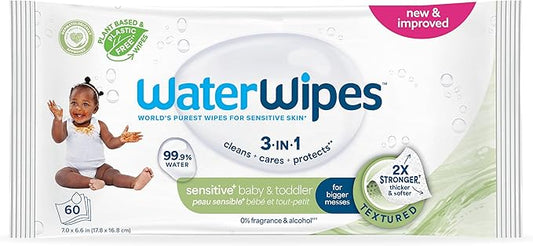 WaterWipes Sensitive+ Baby & Toddler Wipes, 3-In-1 Cleans, Cares, Protects, 99.9% Water, Textured Clean, Unscented & Hypoallergenic, 60 Count (1 Pack)