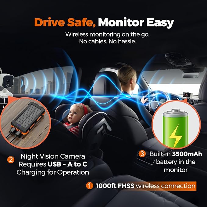 Wireless Baby Car Camera Monitor 5" HD 1080P IPS, 360° Rotating Camera with Auto/Manual Night Vision, 1000ft Range, Anti-Glare Display & USB Charging for Backseat, Home, Travel，Camping