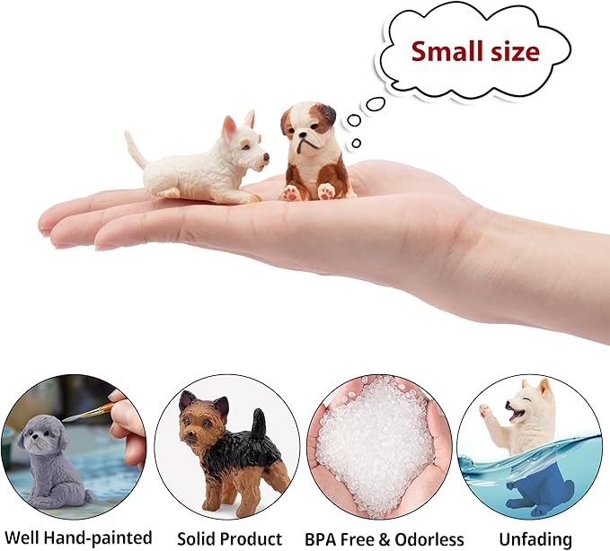 12PCS Dog Figurines, Realistic Plastic Puppy Figurines, Hand Painted Emulational Tiny Dogs Animals Toy, Dog Cake Topper Easter Egg Birthday Gift for Kids and Toddlers