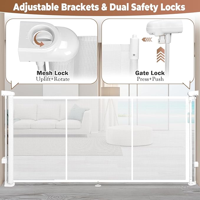 55" Retractable Baby Gate Extra Wide, 41" Tall Retractable Dog Gate for Stairs, Doorways, Decks, Mesh Gate Long Child Gate Pet Gate for Indoor, Outdoor, with Reinforced Mesh Rods, Dual Locks