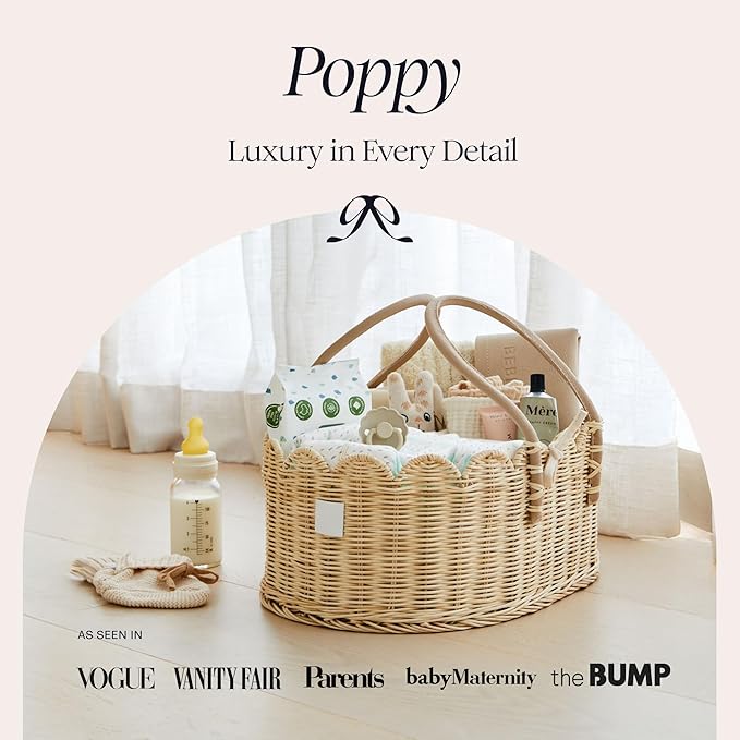 BEBE BASK Premium Baby Diaper Caddy Organizer - Handmade & Award-Winning Scalloped Rattan Basket - Luxury Diaper Caddy Basket - Elegant Scalloped Edge (Natural)