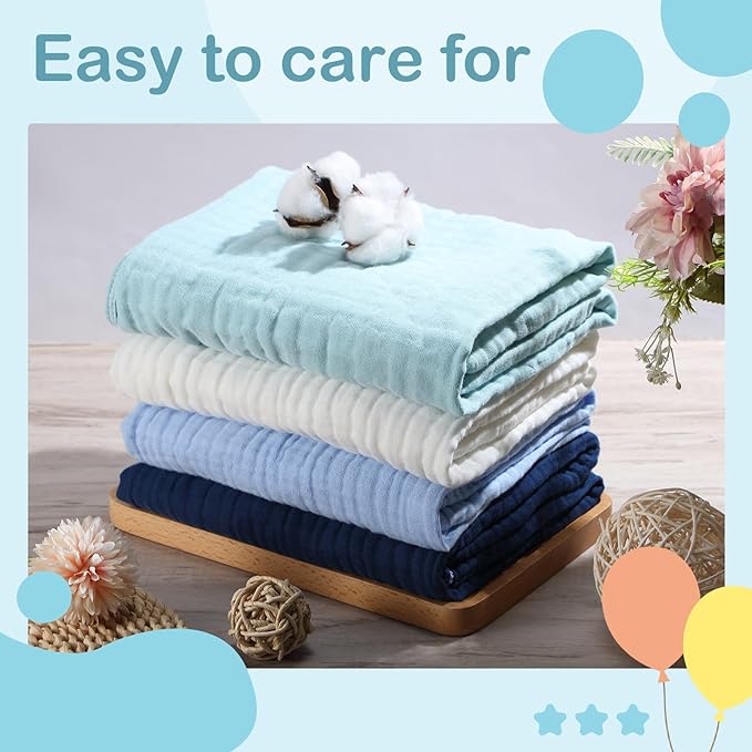 Peryiter 4 Pcs Muslin Hooded Baby Towels, 32"x 32" Cotton Newborn Bath Towel Muslin Infant Baby Blankets Absorbent Unisex Christmas Registry Gift Essentials for Girls Boys (Blue Series)