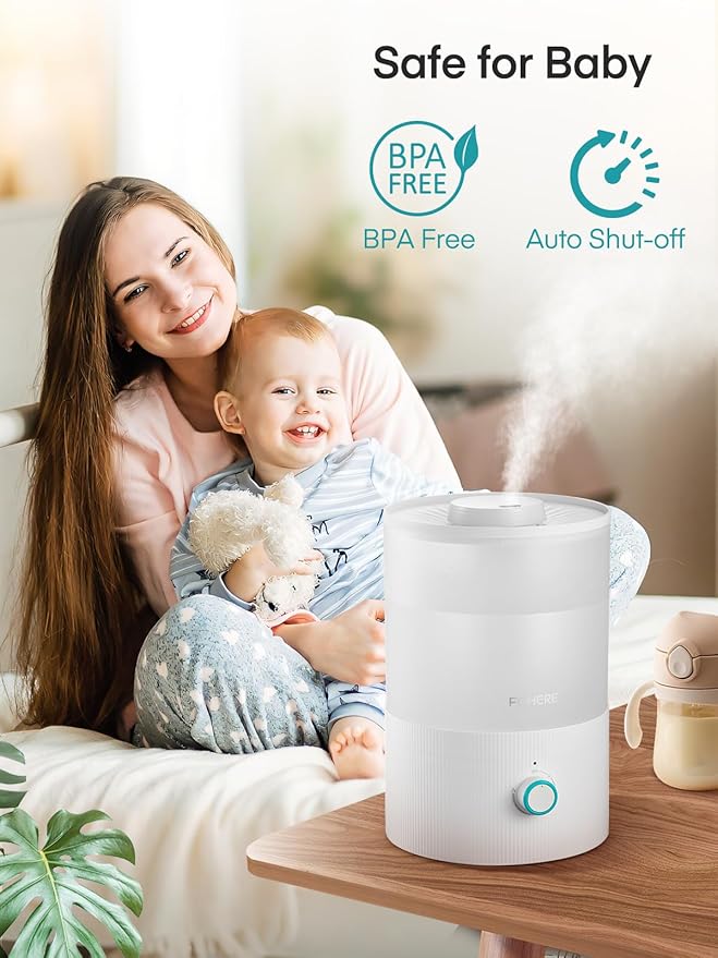 FOHERE Humidifier for Bedroom Baby, 3.2L Top Fill Cool Mist Humidifiers for Nursery, Home, 28H Ultra Quiet Runtime, Auto Shut-Off, Soft 7-Color Night Light, BPA-Free, Essential Oil Tray, White