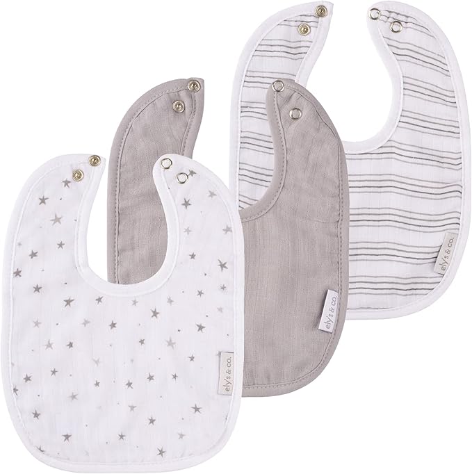 Ely's & Co. 100% Cotton Muslin Bib with Terry lining Soft & Absorbent for Infants, Adjustable Snaps 3 Pack 0-6 Months