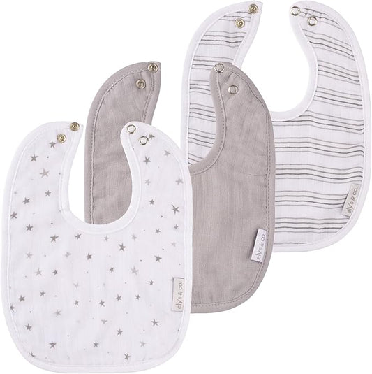 Ely's & Co. 100% Cotton Muslin Bib with Terry lining Soft & Absorbent for Infants, Adjustable Snaps 3 Pack 0-6 Months