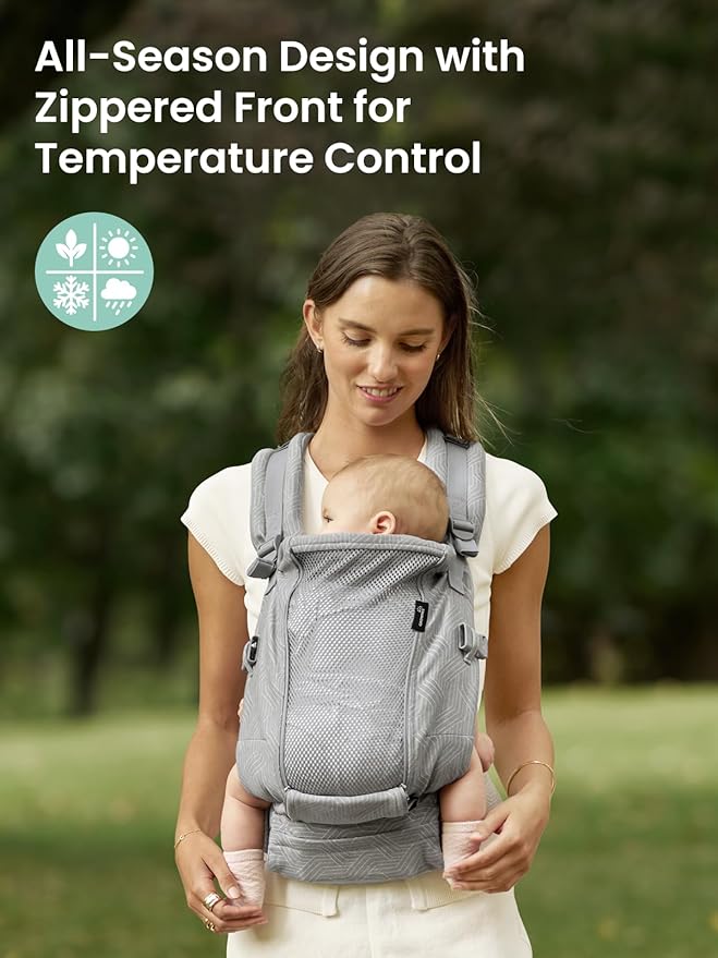 GROWNSY Baby Carrier, All Season Design with Adjustable Mesh Panel, Ergonomic Baby Carriers with Lower & Upper Buckle, Newborn to Toddler (7-44lbs), Hands-Free Parenting, Grey