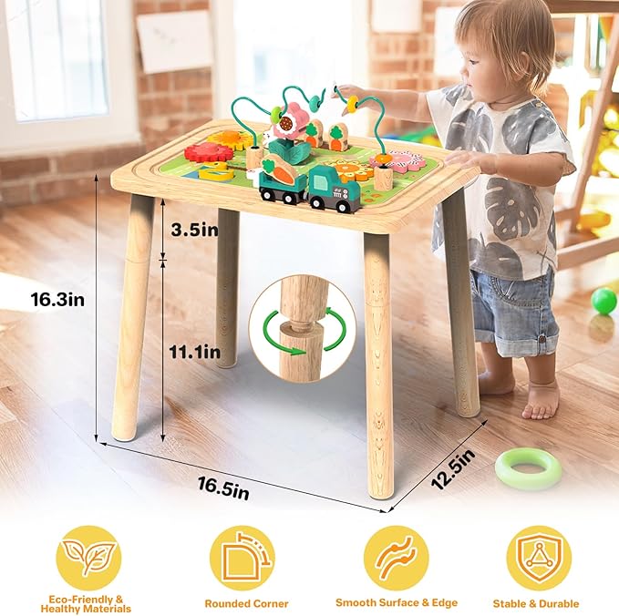 3-in-1 Baby Activity Table for 6-36 Months Old Kids Wooden Activity Center Sensory Play Table for Toddlers with Bead Maze Shape Sorter Montessori Toys Sand Table Must Have Birthday Gift for Girls Boys