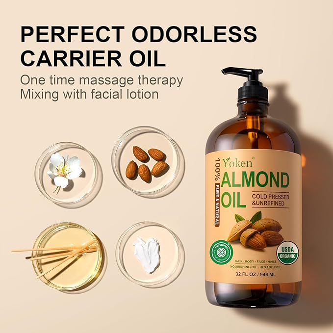 Organic Almond Oil 32 fl oz 100% USDA Pure Cold Pressed Glass Bottle Almond Oils for Skin, Hair, Face, Body Moisturizer, Smooth and Soft Skin, Base Carrier Oil for DIY, Massage