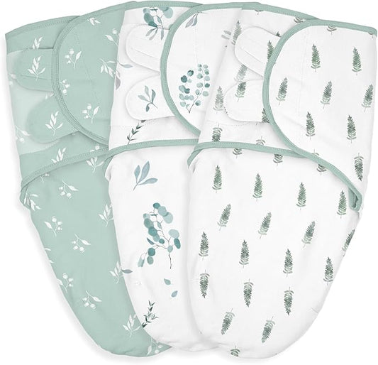 Baby Swaddle Sacks, 3-Pack Newborn Organic Cotton Swaddle Wrap, Adjustable Swaddling Blankets, Nursery Swaddling Essentials for Newborn 0-3 Months, Infant Shower Items Gift (Leaves & Trees)