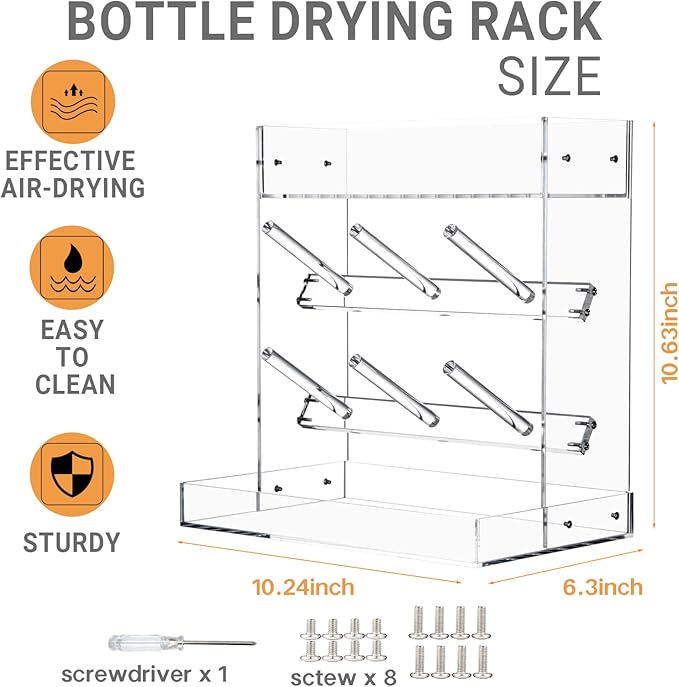 Vertical Baby Bottle Drying Rack, Acrylic Space Saving Baby Bottle Dryer Rack and Baby Accessories Oragnizer for Kitchen Countertop, Quick Drying, Easy Cleanup & Storage, Clear