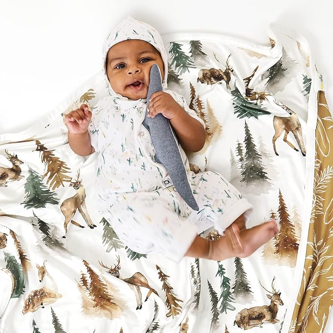 GRSSDER Baby Blankets Super Soft Stretchy Jersey Swaddle Blankets 2 Pack for Baby Boys, Double Layer Reversible Receiving Blankets 34 x 44, Extra Large for Swaddling, Deer & Forest