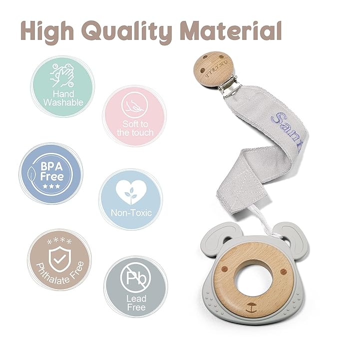 TYRY.HU Personalized Pacifier Clip with Name, Embroidery Pacifier Holder for Baby Girls and Boys, Neutral Binky Clips Universally Fit All Pacifiers & Baby Toys, Baby Gift, 2 Pack(Grey,Khaki)