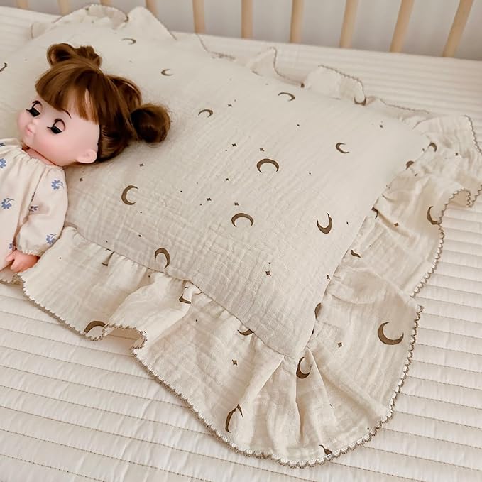 BuLuTu Muslin Toddler Pillowcases Girls Boys,Soft Breathable Cotton Kids Pillow Cover, Moon Star Pattern Shabby Chic Nursery Pillow Cases Enveloped Closure, 14"x20", 1 Piece