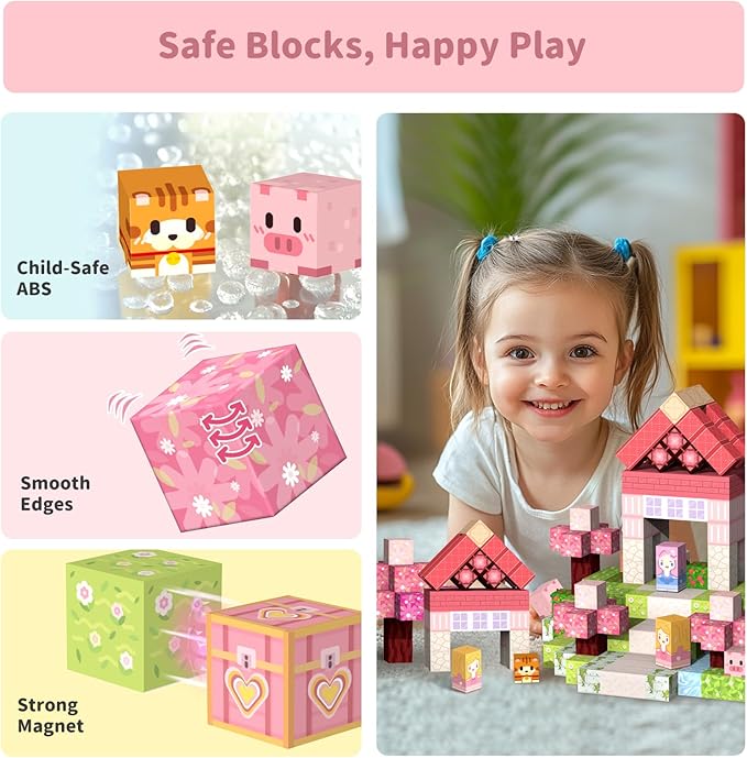 Magnetic Blocks Kid Building Toys - 120Pcs Magnet Cubes Toddler Montessori Sensory STEM Toy for 3-5 4-6 5-7 6-8 Year Old Boys Girls, Build Pink Castle Set