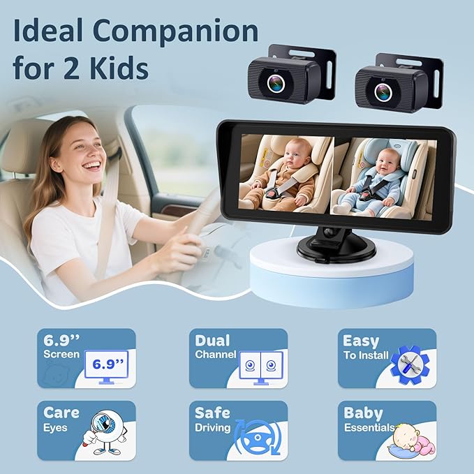 2-Kids Baby Car Camera for Seat: 6.9 Inch Ultrawide Display with Two Cameras Rear Facing - USB Powered Backseat Camera HD 1080P Easy to Install