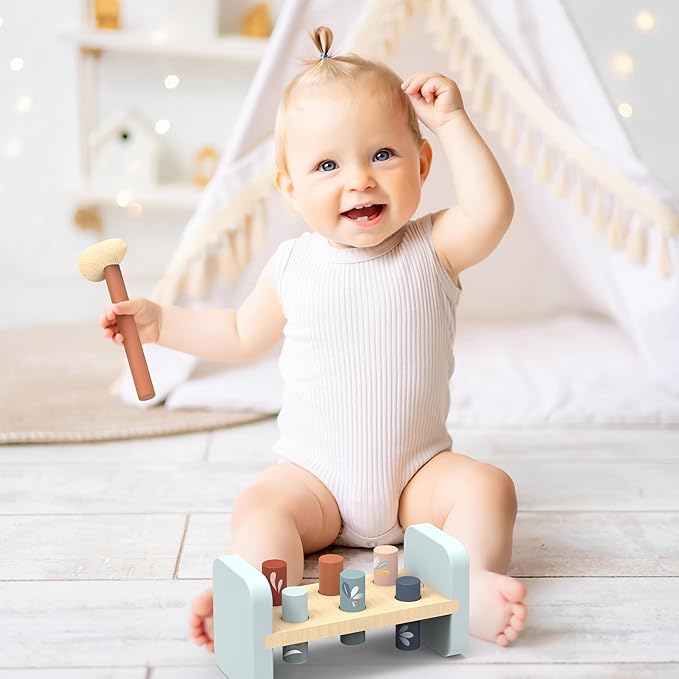 Speedy Monkey Tap Tap Hammer Bench – Colorful Wooden Toy for Kids 1-3 Year Up, Develops Hand-Eye Coordination, Hammer Pegs Through Holes, Reversible Fun, Non-Toxic Paint , Engaging Educational Toy