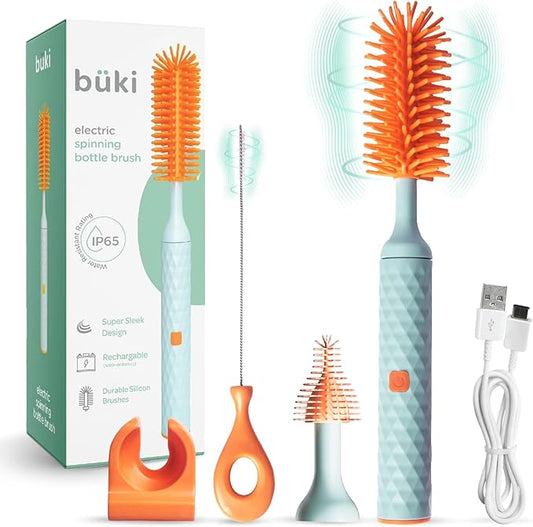 Büki Electric Baby Bottle Cleaning Brush Set - Rechargeable Electric Bottle Brush with Straw Cleaner - Water Bottle Cleaning Kit, Nipple Brush, 1200mAh Brush Cleaner (by Kindersense)