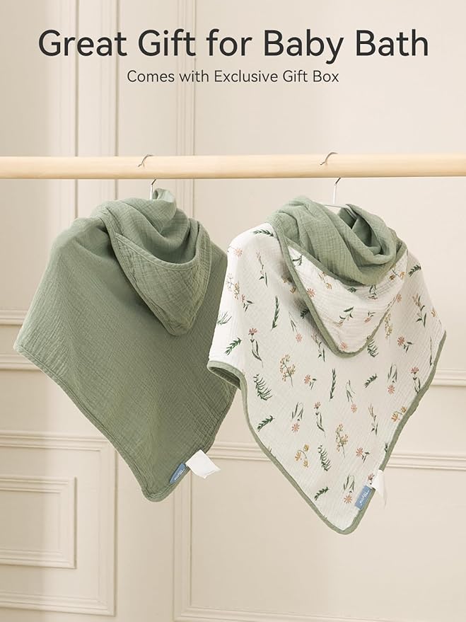 TILLYOU Muslin Hooded Baby Towels for Newborn 2 Pack, 32x32Inch Soft Baby Bath Towel Highly Absorbent for Newborn and Infant, Essential for Newborn Care, Daisy