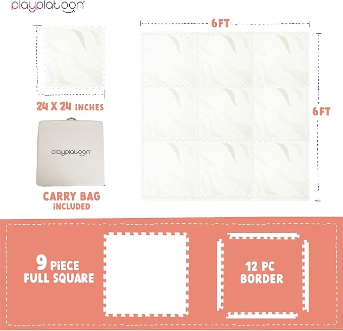 Play Platoon Non-Toxic Large Kids Mats for Floors, 9 Tile 72 x 72 inch, Puzzle Mat Pieces with Border, Extra-Thick Interlocking Tiles, 24 x 24 in, Neutral Playmat Rug for Toddlers & Children