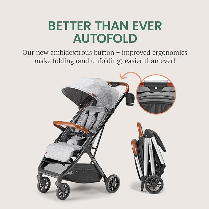 Bombi Bēbee V2 Lightweight Baby Stroller - Premium Vegan Leather, One-Hand Fold, Infinite Recline, Aircraft-Grade Aluminum Frame, XXL Canopy, and Ample Storage Umbrella Stroller - Stone Gray