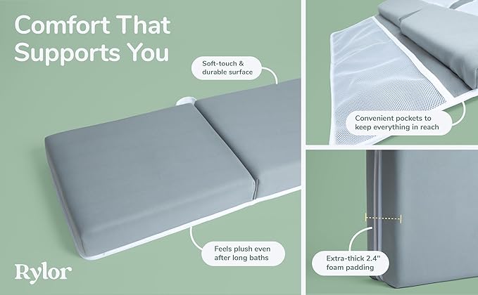 Rylor Baby Bath Kneeler & Elbow Rest Pad - Ultra Thick Foam Cushion for Bathing Infants & Toddlers - 26'' Extra Long and 2.4'' Thick- Non-Slip, Comfortable Support (Gray)