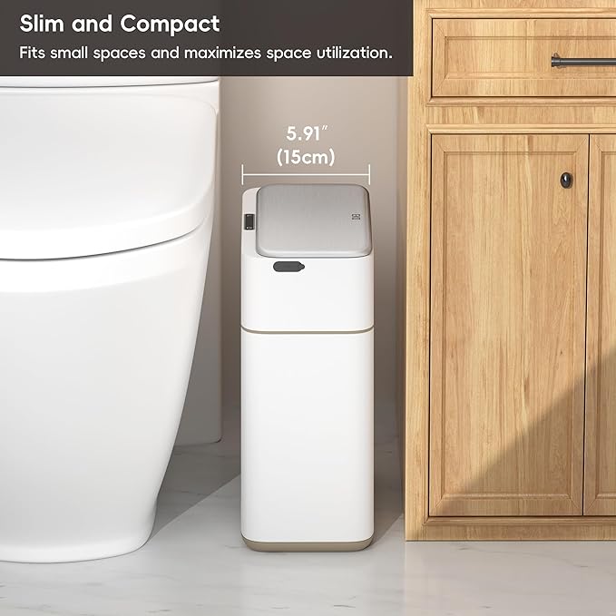 EKO Automatic Bathroom Trash Can with Lid, 2.1 Gallon Touchless Garbage Bin with Removable Bucket, Slim Stainless Steel Garbage Bin, Motion Sensor Trash Can for Bathroom, Bedroom, Office, White