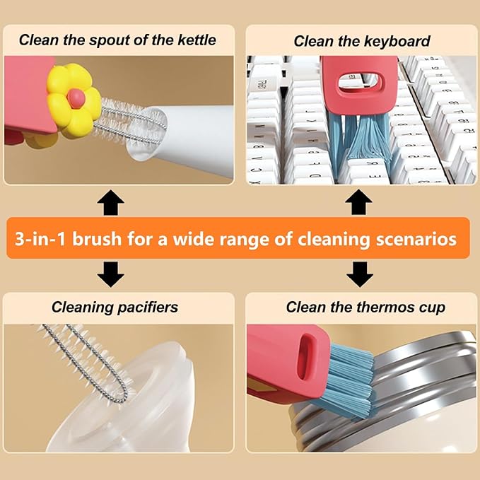 3-Pack Cleaning Brushes - Deep Clean Bottle Necks, Straws & Cup Lids, 3-in-1 Tight Space Scrubber for Water Bottles, Travel Mugs, Home Kitchen&Office. Dishwasher Safe
