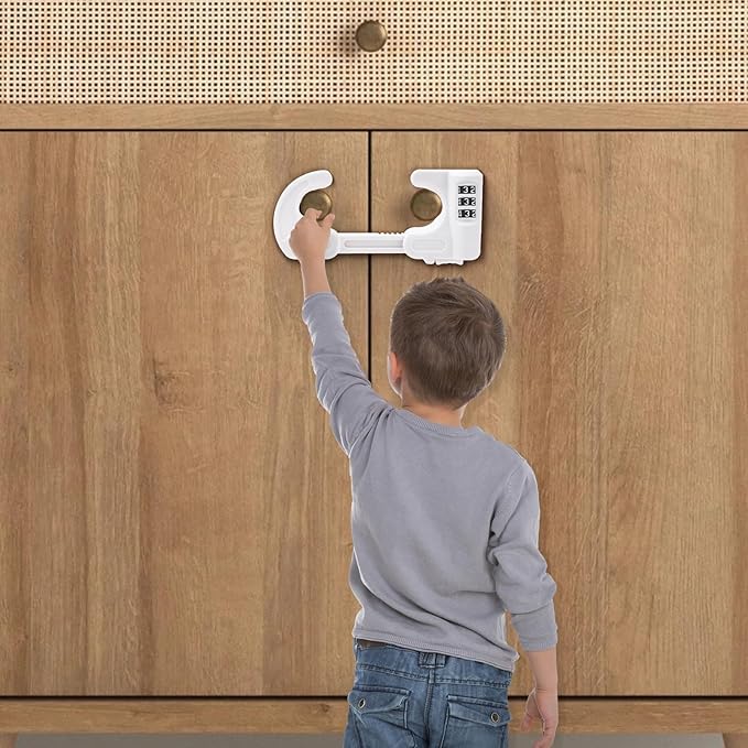 4 Pack Cabinet Locks with Combination Baby Proof Cabinet Door Lock Multifunctional Adjustable Child Safety Lock Knobs Door Lock for Home Refrigerator Doors Cabinet Knobs Double-Door Cabinet (White)