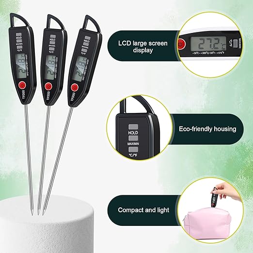 3 Pcs Instant Read Meat Thermometer with Long Probe 9.65 Inch Kitchen Cooking Food Candy Waterproof Digital Thermometer for BBQ Water Milk Yogurt Liquid (Pointed,Black)