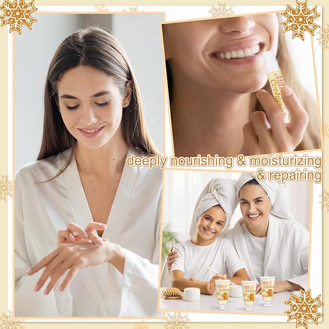 24 Sets Milk Cookies Hand Cream and Lip Balm Gifts Gingerbread Snowflake Baby Shower Favors for Guests Travel Size Hand Lotion and Lip Balm with Organza Bag and Tag Wedding Bridal Shower Party Supply