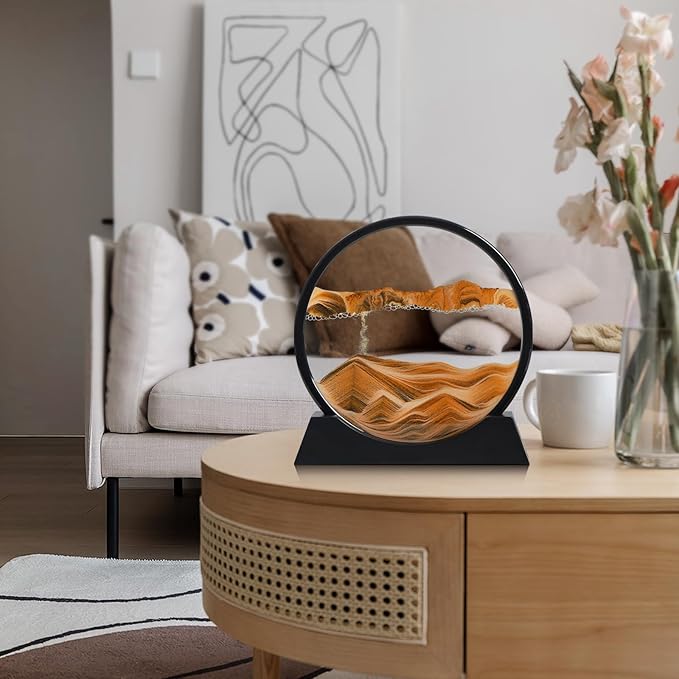 Moving Sand Art Liquid Motion, 3D Deep Sea Sandscape Color Quicksand Decor, Round Glass Moving Sand Art Picture Relaxing Desktop Home Office Work Decor (Orange, 12 inch)