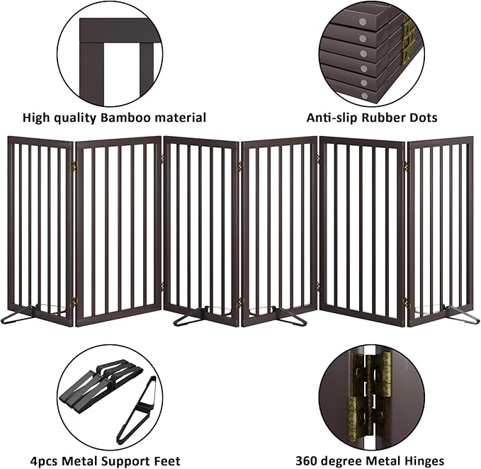 Dog Gate for Doorways 32" Tall Freestanding Dog Gate for Stair Foldable Pet Gate for Dogs Indoor (Brown,6 Panel)