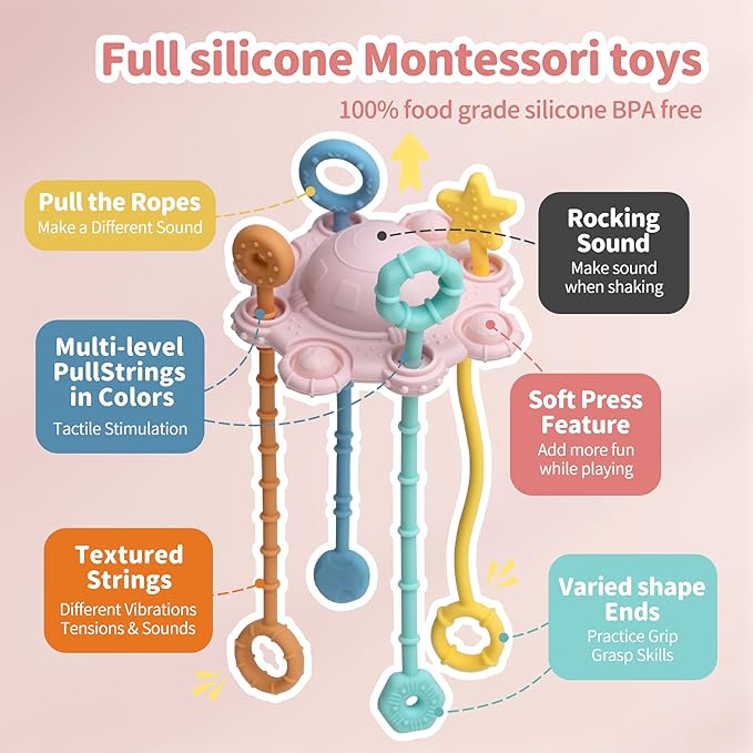 Montesorri-Toys - Pull String Toys for Baby - Made of 100% Food Grade Silicone with Built-in Rattle Function and Easy to Clean Design (Pink)